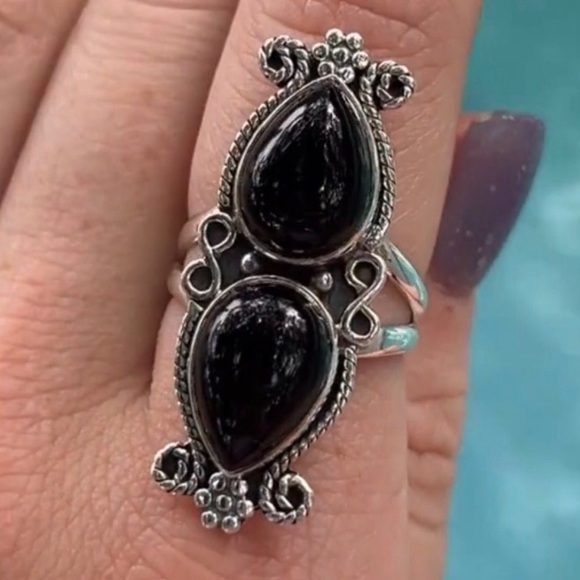 New Genuine Sterling Silver Black Onyx Double Stone Ring Size 8.5-8.75 Crystal - Picture 2 of 16